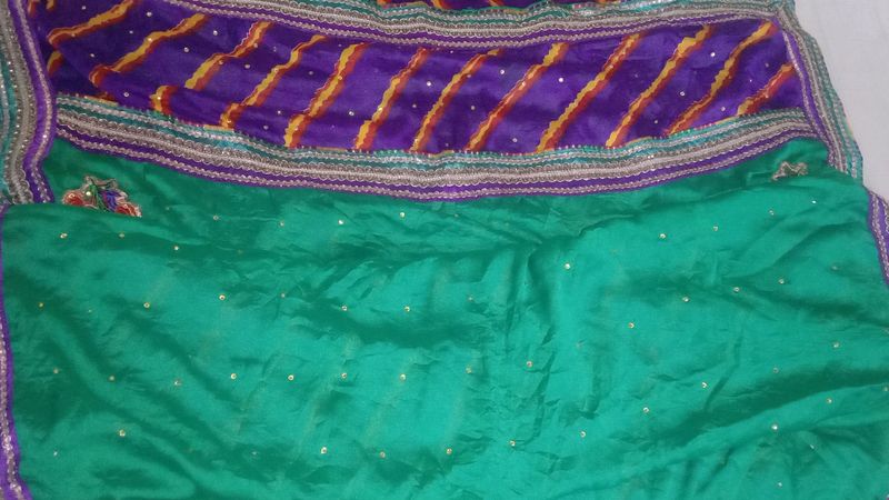 Green Color Beautiful Sarii With Half Lahariya Print Pattern And Gota Patti Border