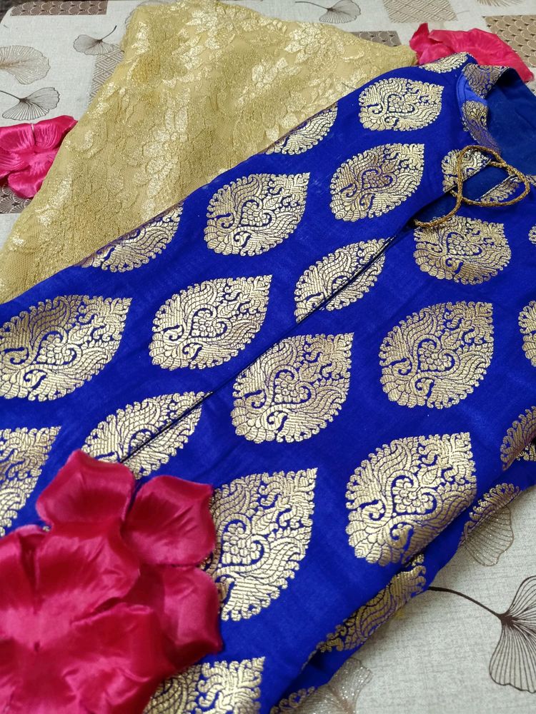 Blue Brocade Suit With Golden Plazzo