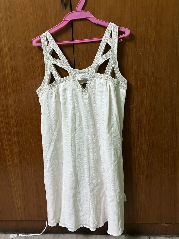 White Plain Dress Embroidered Strap