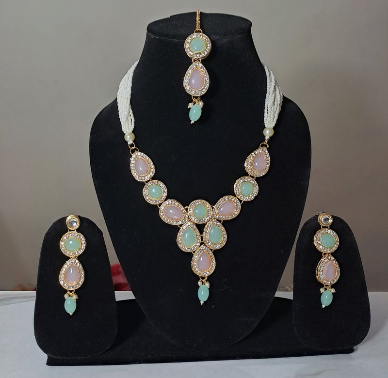 Beautiful Necklace Set With Earrings And Maang Tik