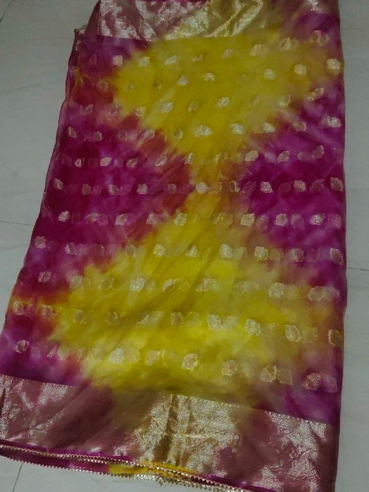 Organza Saree Yellow And  Rani Colour