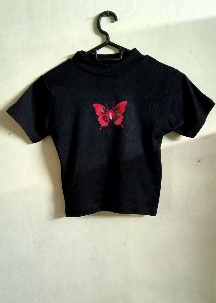 Black Crop Top With Butterfly Print