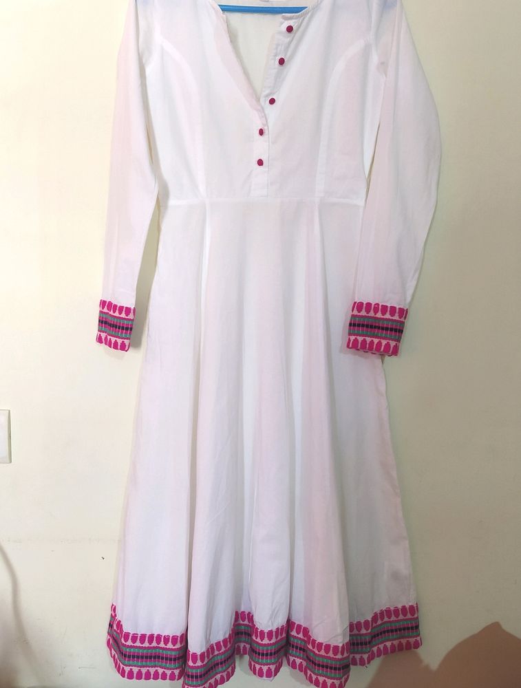 White Anarkali Kurta With Pink Border