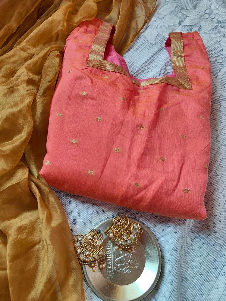 Tailored Peach Banarasi Kurta With Dupatta(Women)