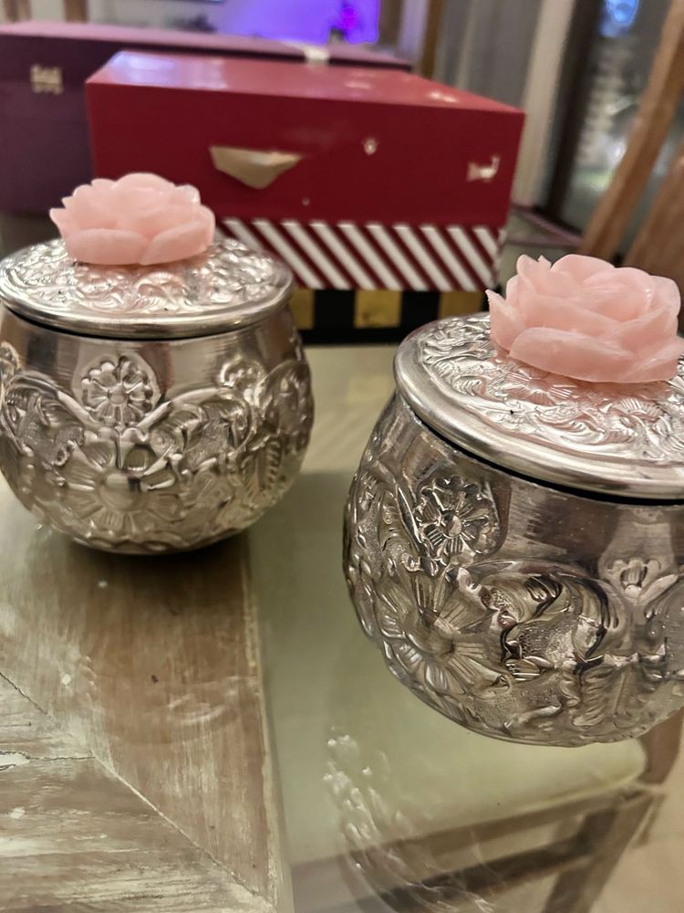 Silver Container With Lid And Pink Roses