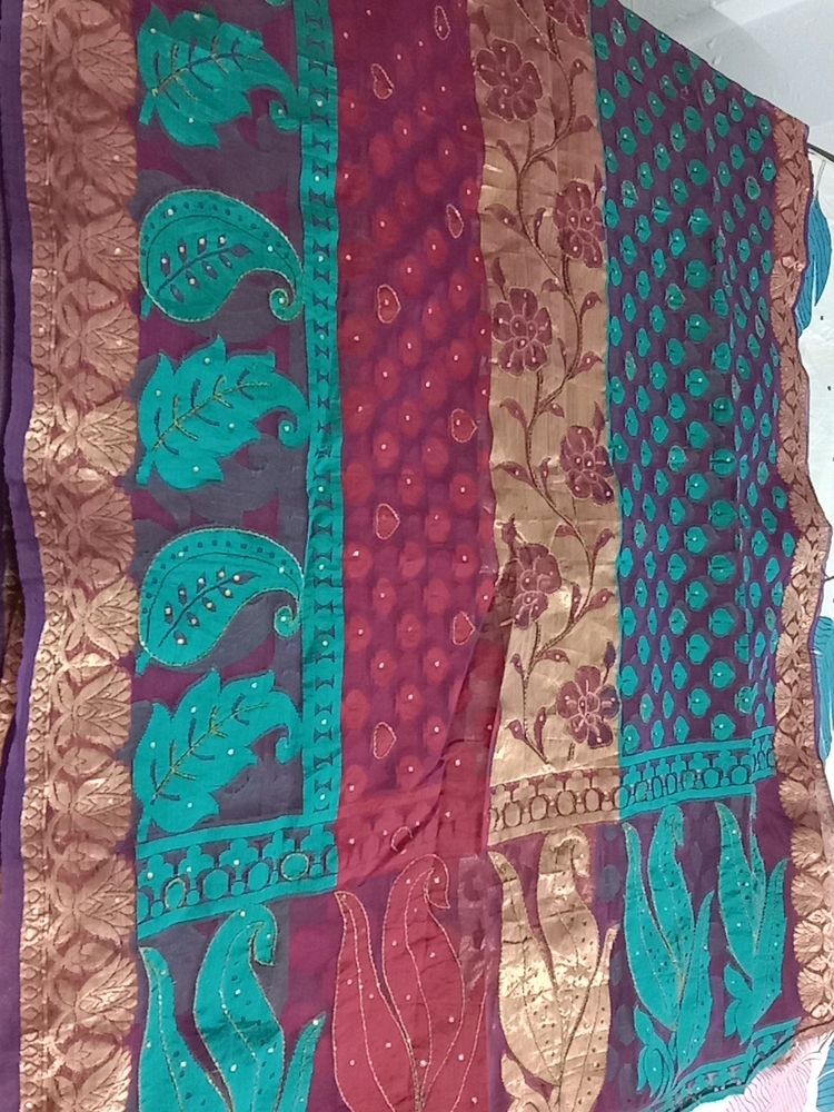 New Purple Saree Gold Border With Work