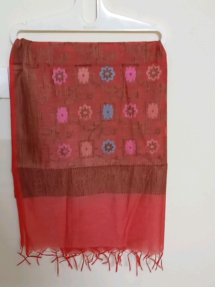 Coral Red Cotton Woven Dupatta