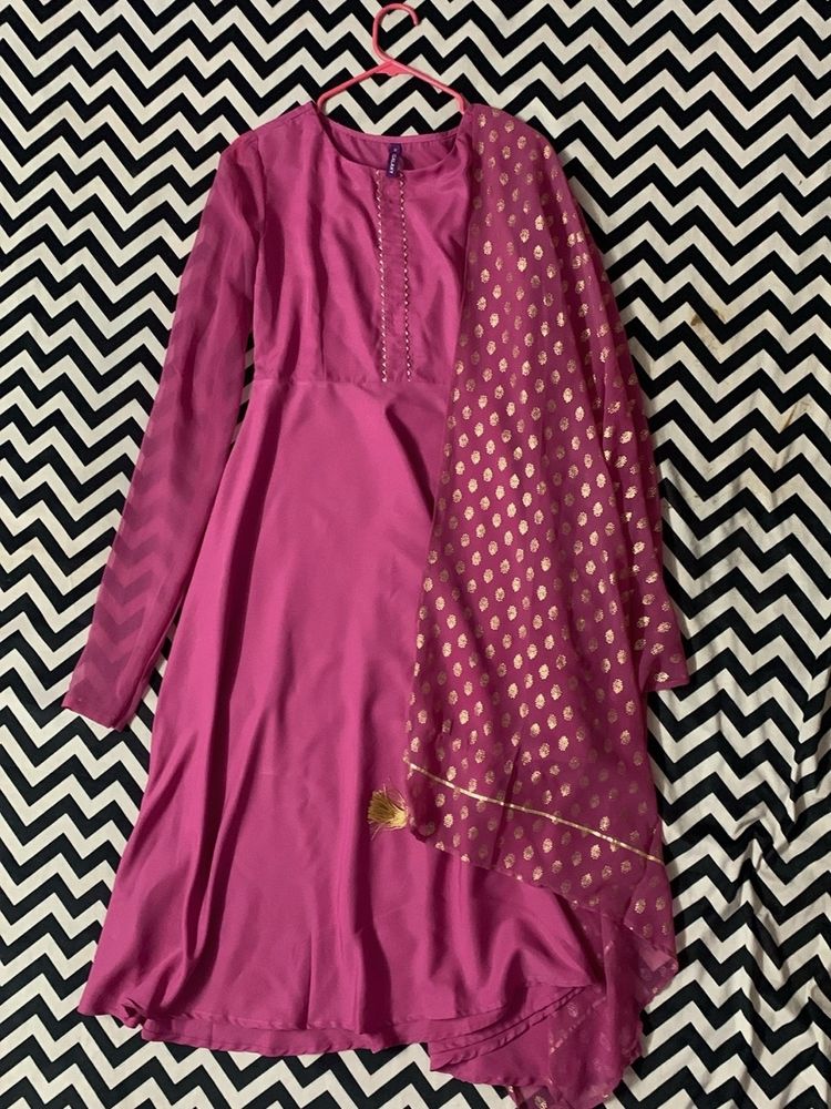 Pink A-line Kurta With Printed Dupatta