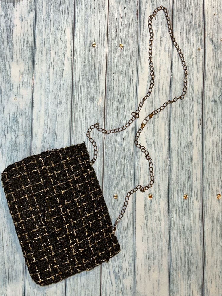 Shein Black And Gold Checkered Sling Bag