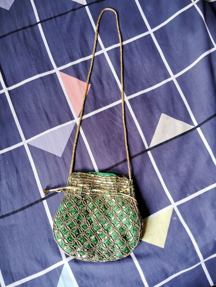 Green Embroidery Designed Handbag