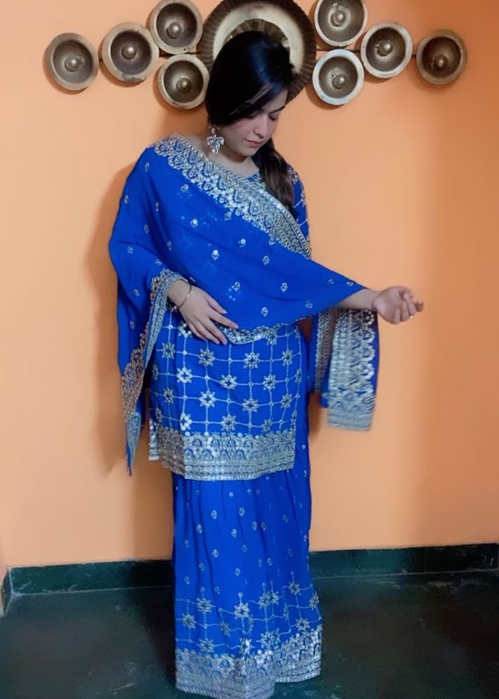 HEAVY PATI WORK  BLUE COLORED PADDED SHARARA SUIT