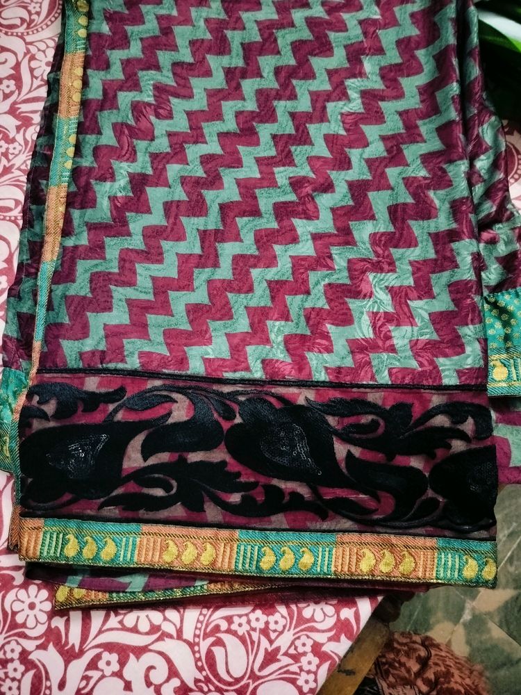 A Beautiful Turquoise Purple Saree, Banares Lace