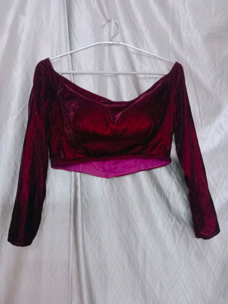 Off Shoulder Maroon Velvet Blouse