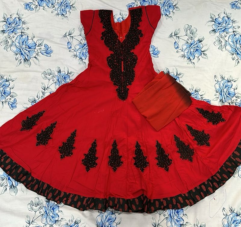 Red And Black Embroidery Kurtha Set