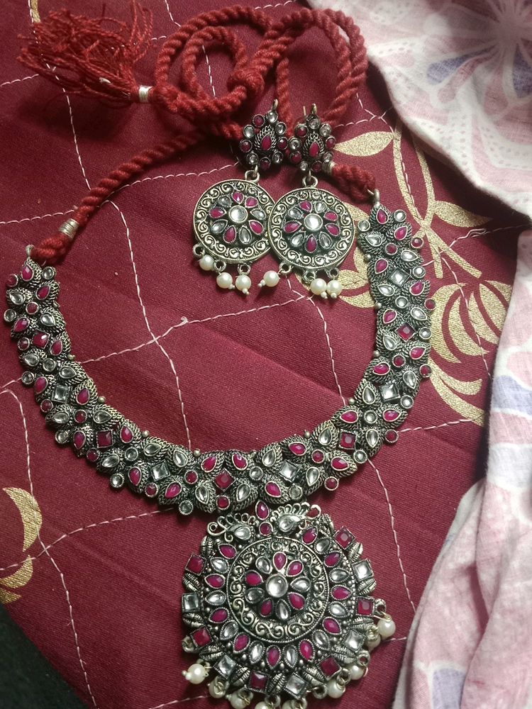 Pink And White Kundan Necklace,Earrings Set