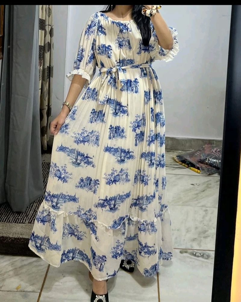 Off White Printed Georgette Long Maxi Dress