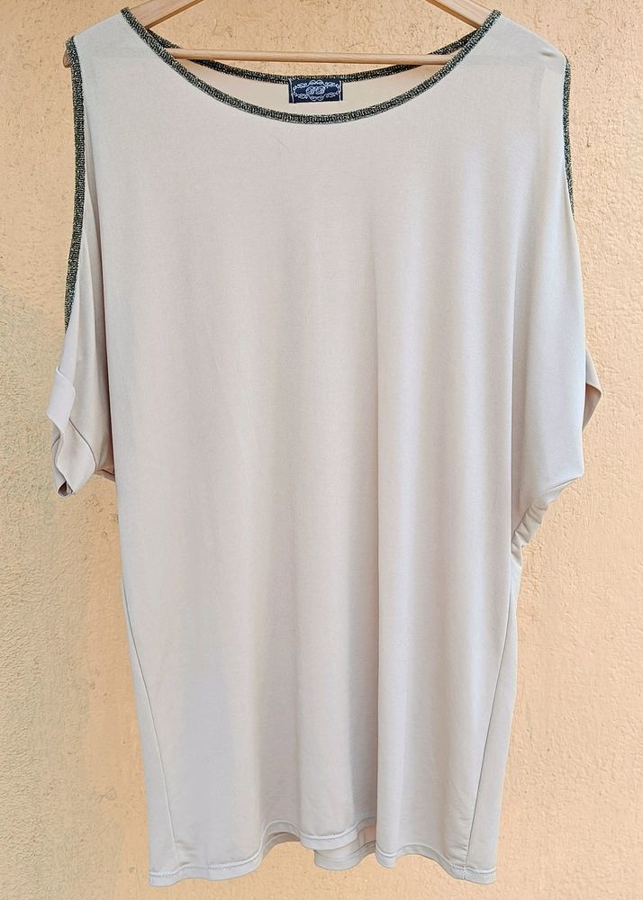 Party Beige Slouchy Batwing Cold Shoulder Top