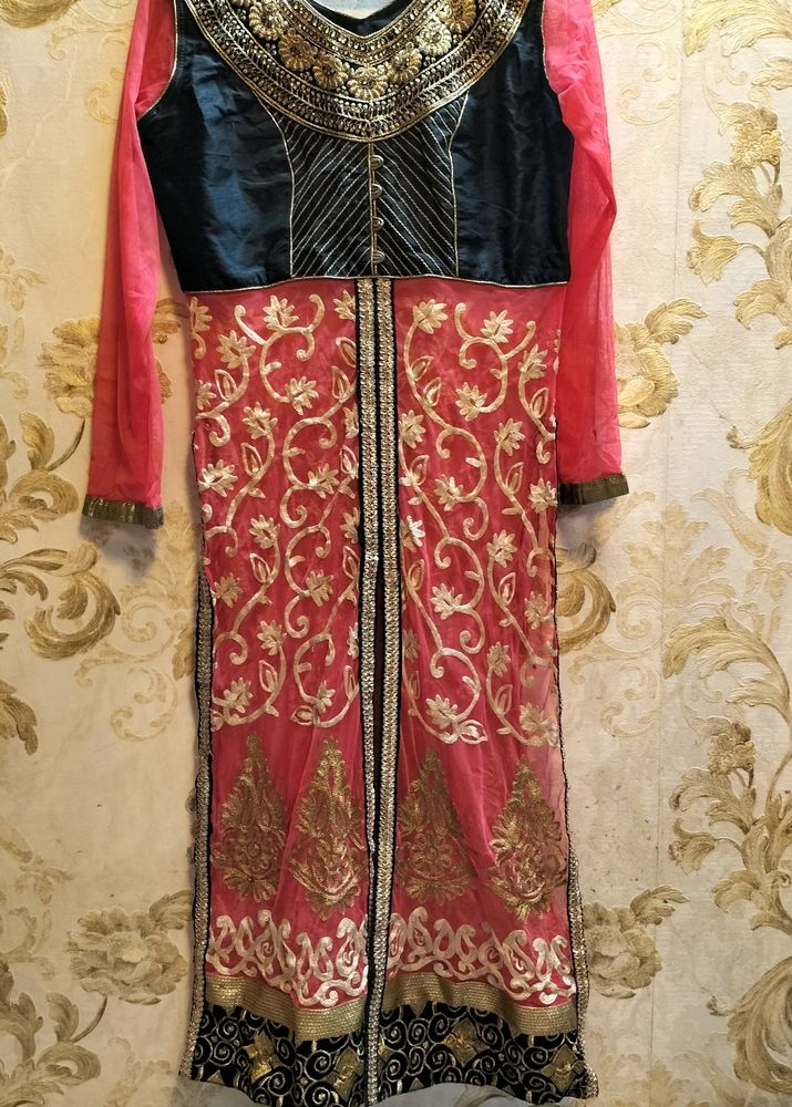 Designer Front Slit Suit With Sharara Pant And Dupatta And Inner.Size 34.