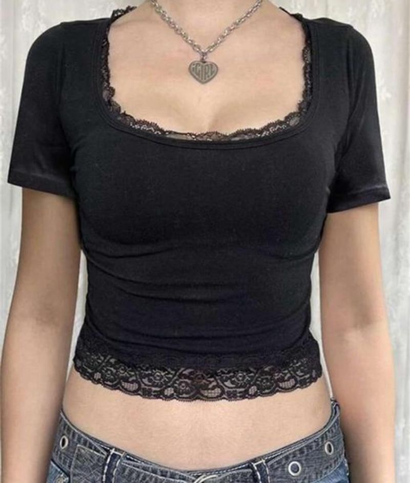 Women Y2k Lace Trim Crop Top