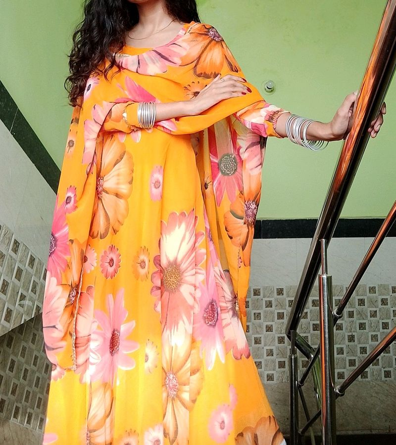 Floral Print Anarkali with Dupatta