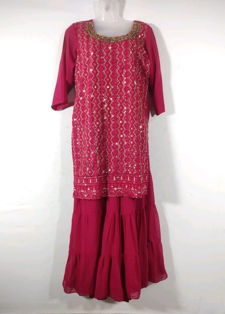 Rose Pink Embroidery Kurta With Sharara Set(Women)