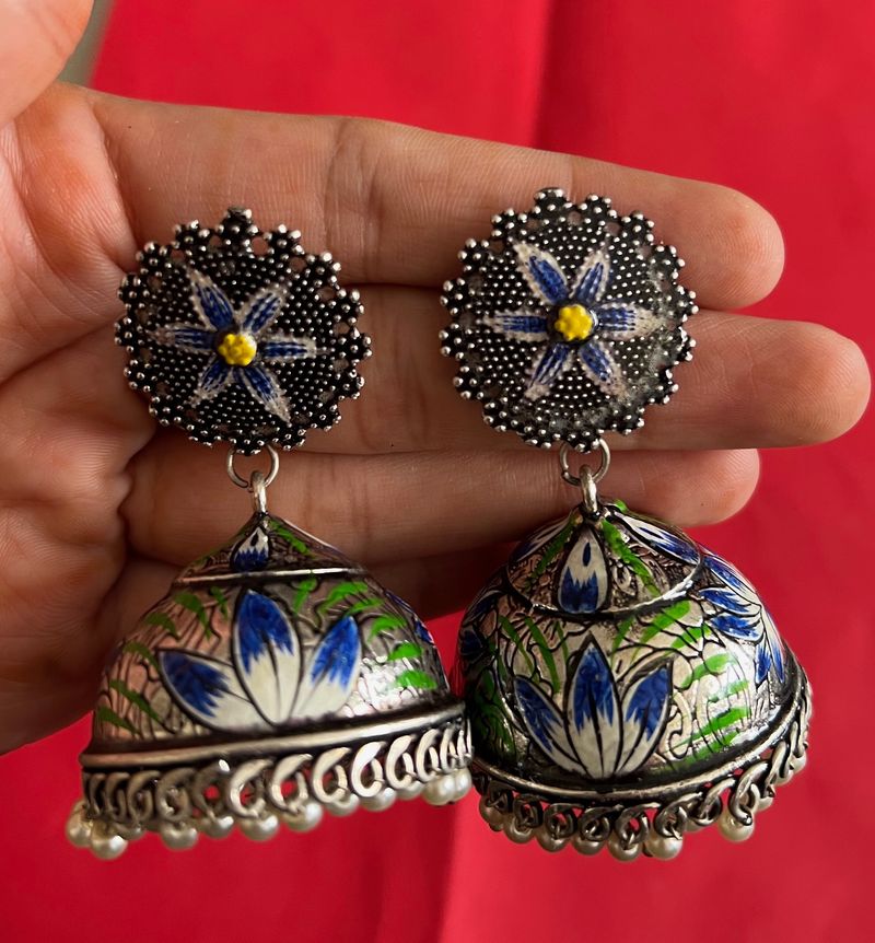 Hand Painted Blue Meenakari Big Jhumka