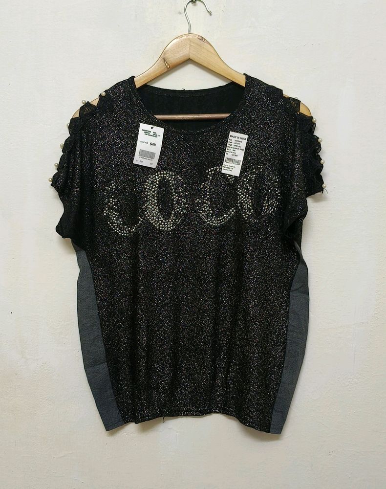 Trendy New Black Shinny Cold Shoulder Top