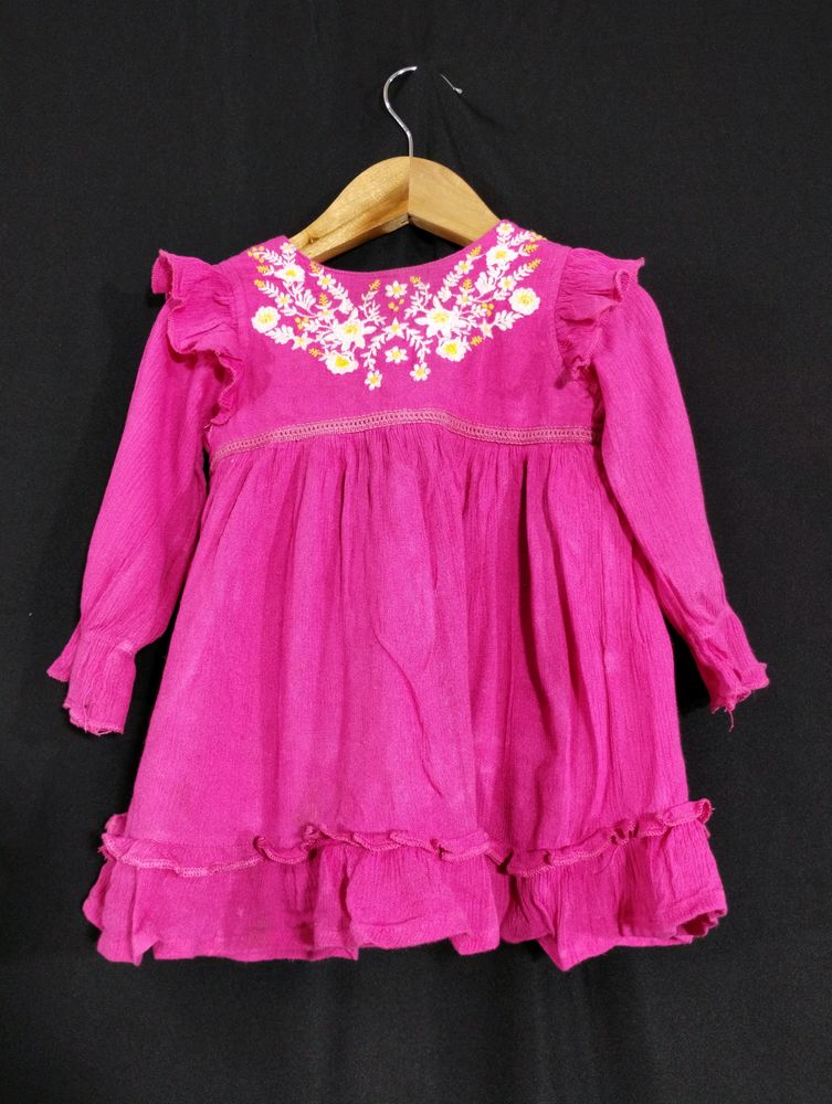 Babyhug Pink Embroidery Printed Dress (Girls)