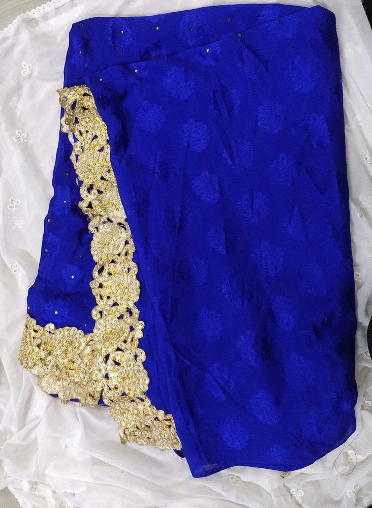 Royal Blue Saree With Golden Border(Without Blouse