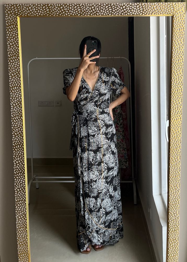 Palm Leaf Black Print Wrap Maxi Dress