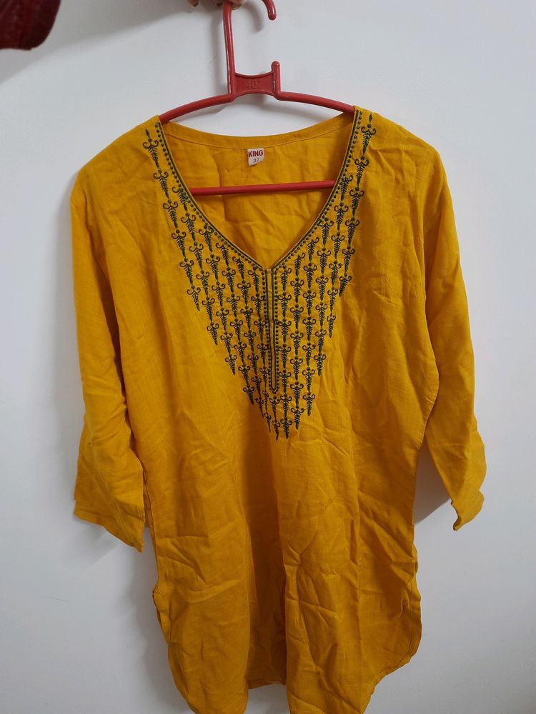 Yellow Kurti With Embroidery