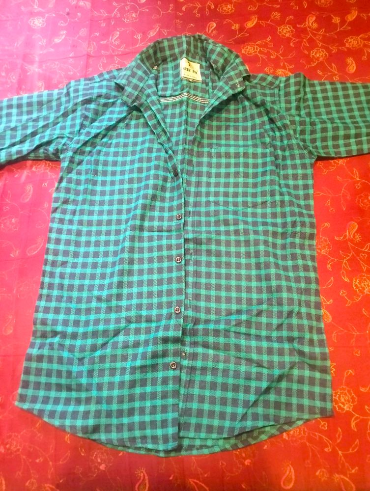 Mens Shirt Warm Wool Checked Green And Navy Blue