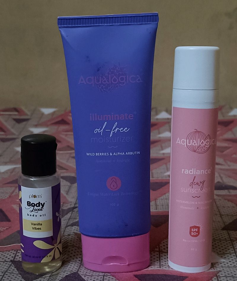 Aqualogica Moisturizer And Sunscreen.Plum Body Oil