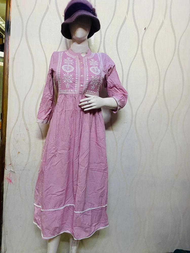 Pink Color Cotton Self Embroidered Kurta