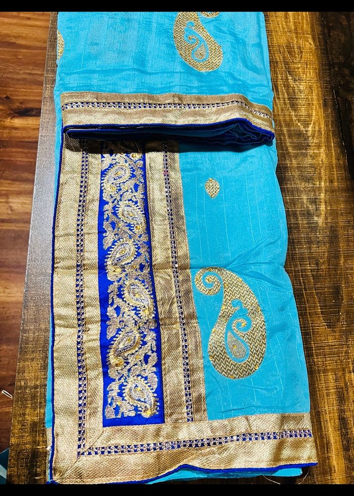 Golden Thread work Turquoise blue color saree