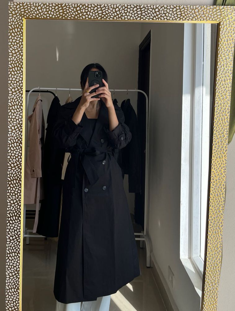 Oversized Black Cotton Trench Coat