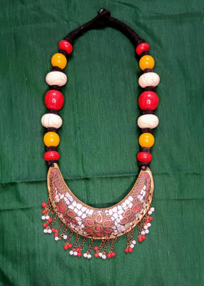 White, Yellow And Red Bohemian Necklace. 20 inches