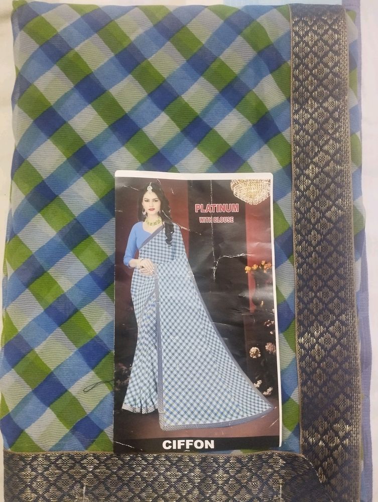 Blue Lahariya Saree With Blouse