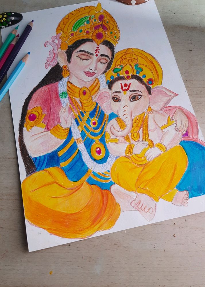 Maa Parvati And Ganapati Bappa Drawing A4 Size