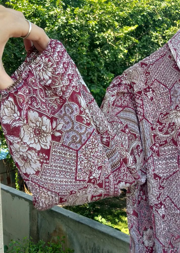 Beautiful Printed Full Sleeves Top ... Puffed Sleeves Maroon Colour Printed All Over Collar Design Top