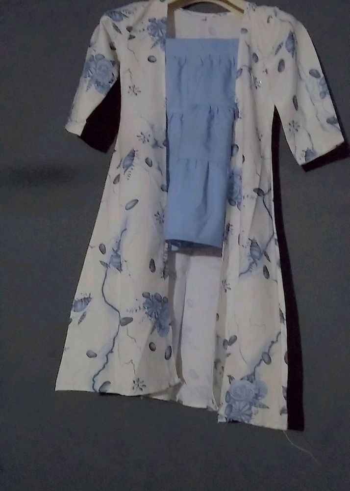 White Floral Jacket With Blue Sharara