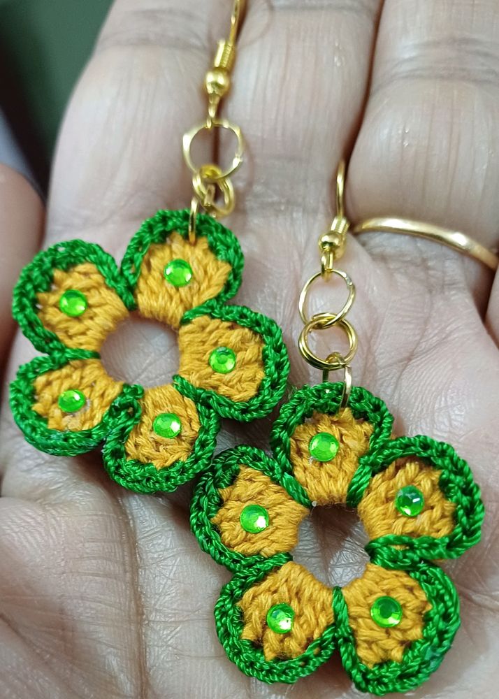 Yellow Green Crochet Flower Earrings