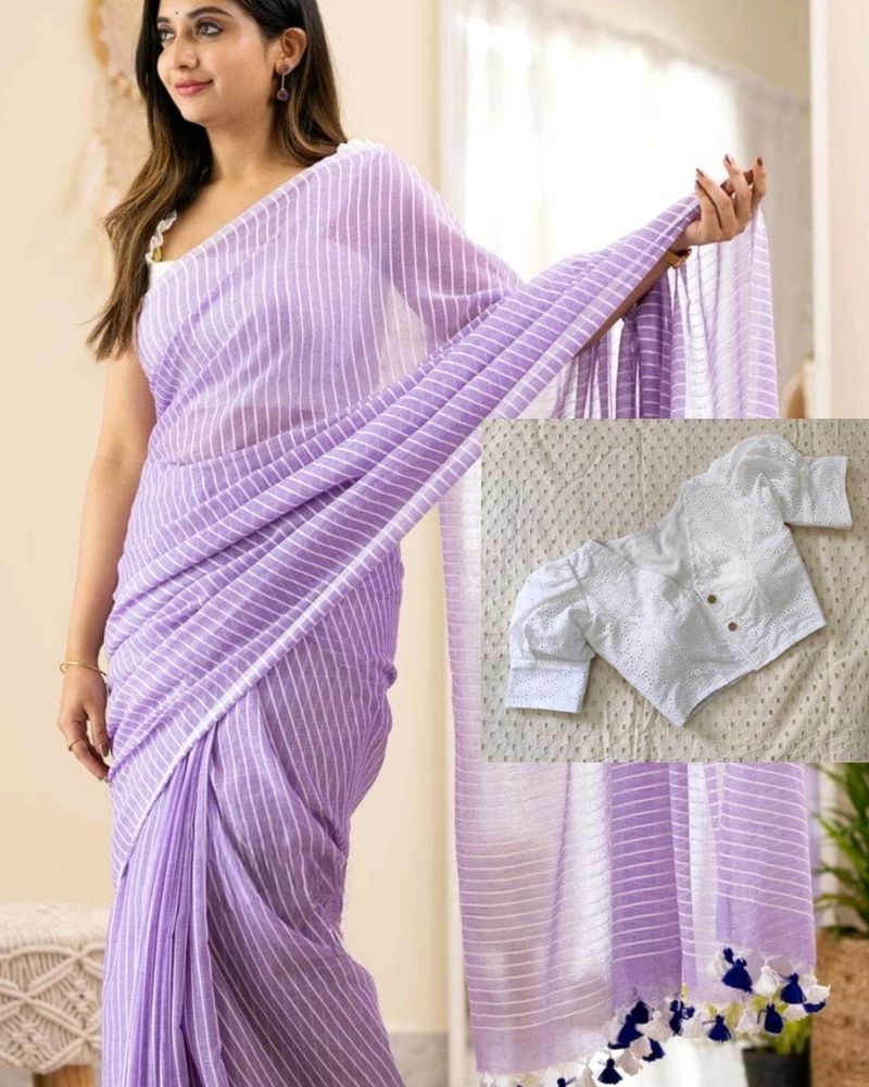 New Purple💜Soft Linen Cotton Saree Hakoba Blouse