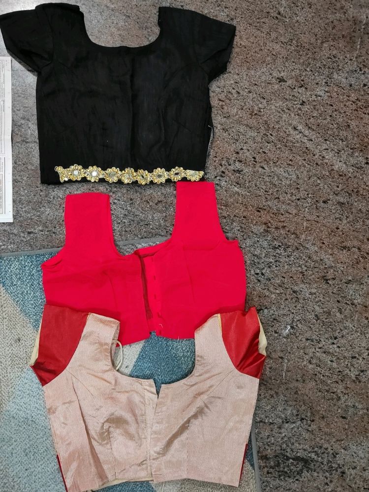 3 Blouses,Black, Rani Pink, Red N Beige