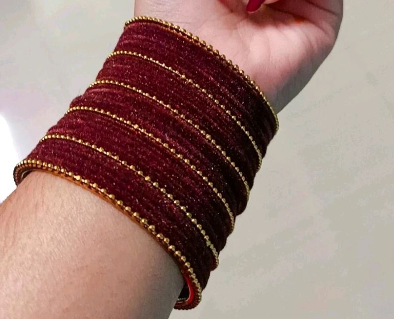 Maroon Metal Fabric Gold Plated Bangles