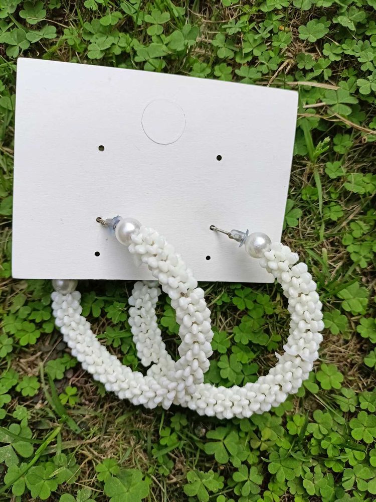 White Fancy Bead Hoop Earrings - Light Weigh