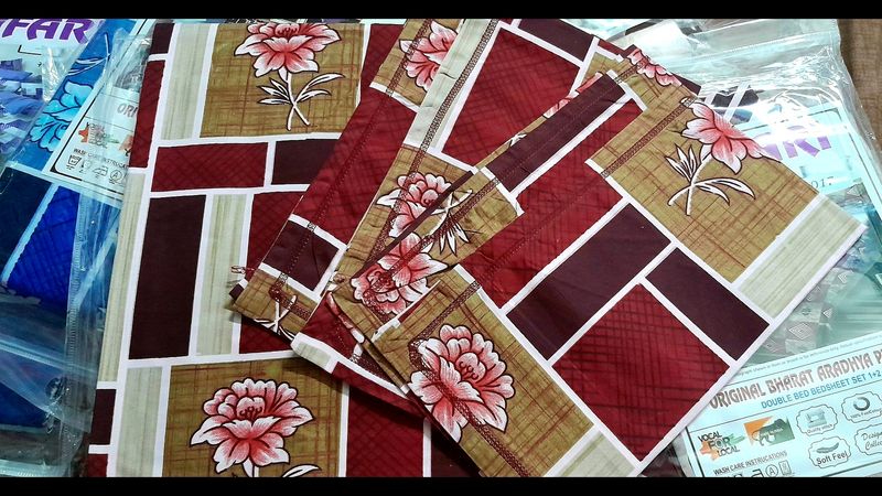 New Dark Red Floral Double Bedsheet With 2Pillow