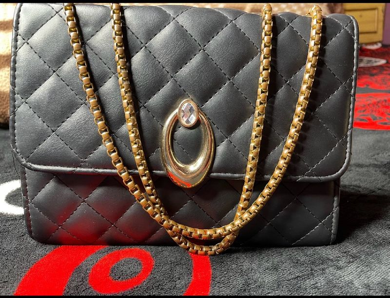 Black Sling Bag With Golden Chain