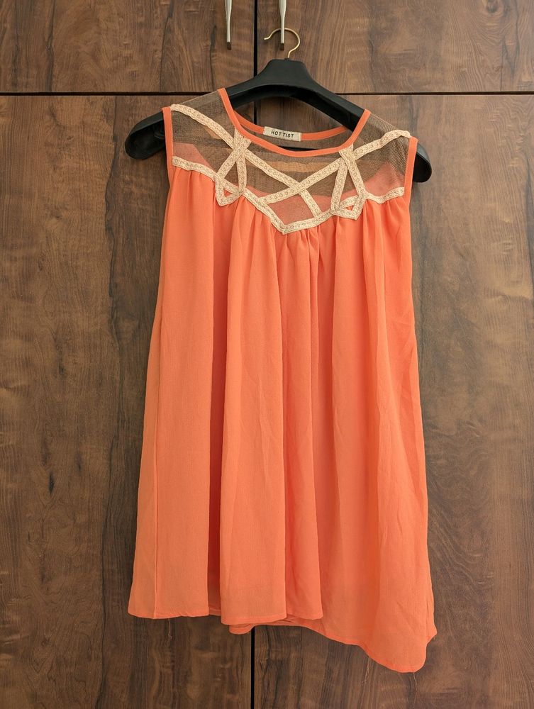 Cute Coral Top With Net Self Design Neck