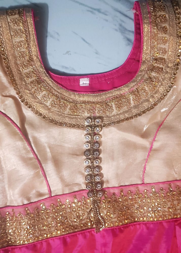 Pink Anarkali With Long Ghera And Golden Duppata